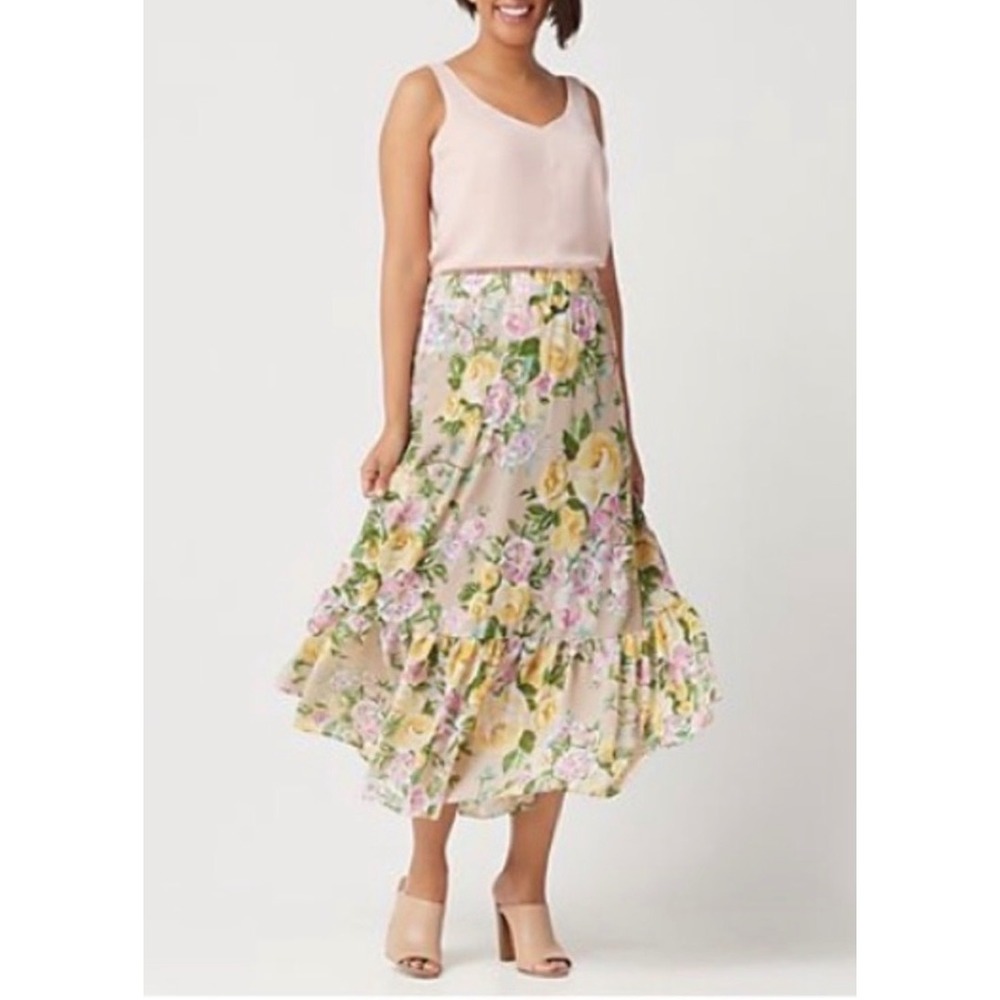 Susan Graver Floral Chiffon Tiered Maxi Skirt Beige‎ Multicolor Women's 2X